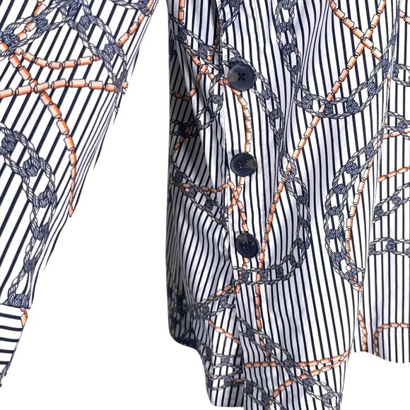 Chicos Womens Shirt 3 XL Navy White Chain Rope Stripe Tunic Stretch Button Top - Picture 9 of 10